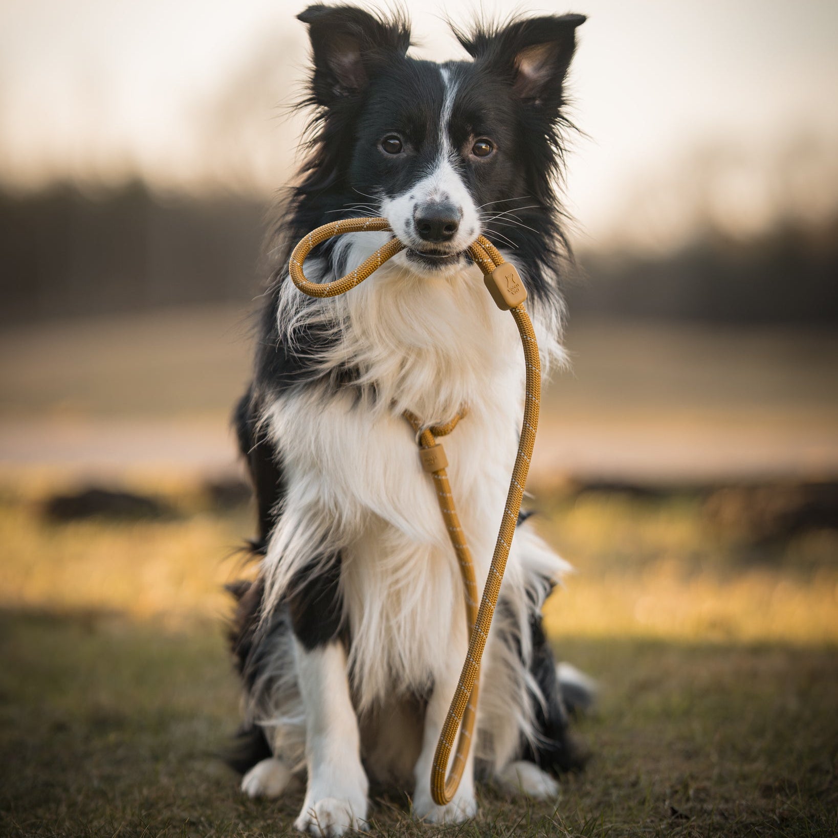 A black and white dog sits on grass holding a yellow leash in its mouth.