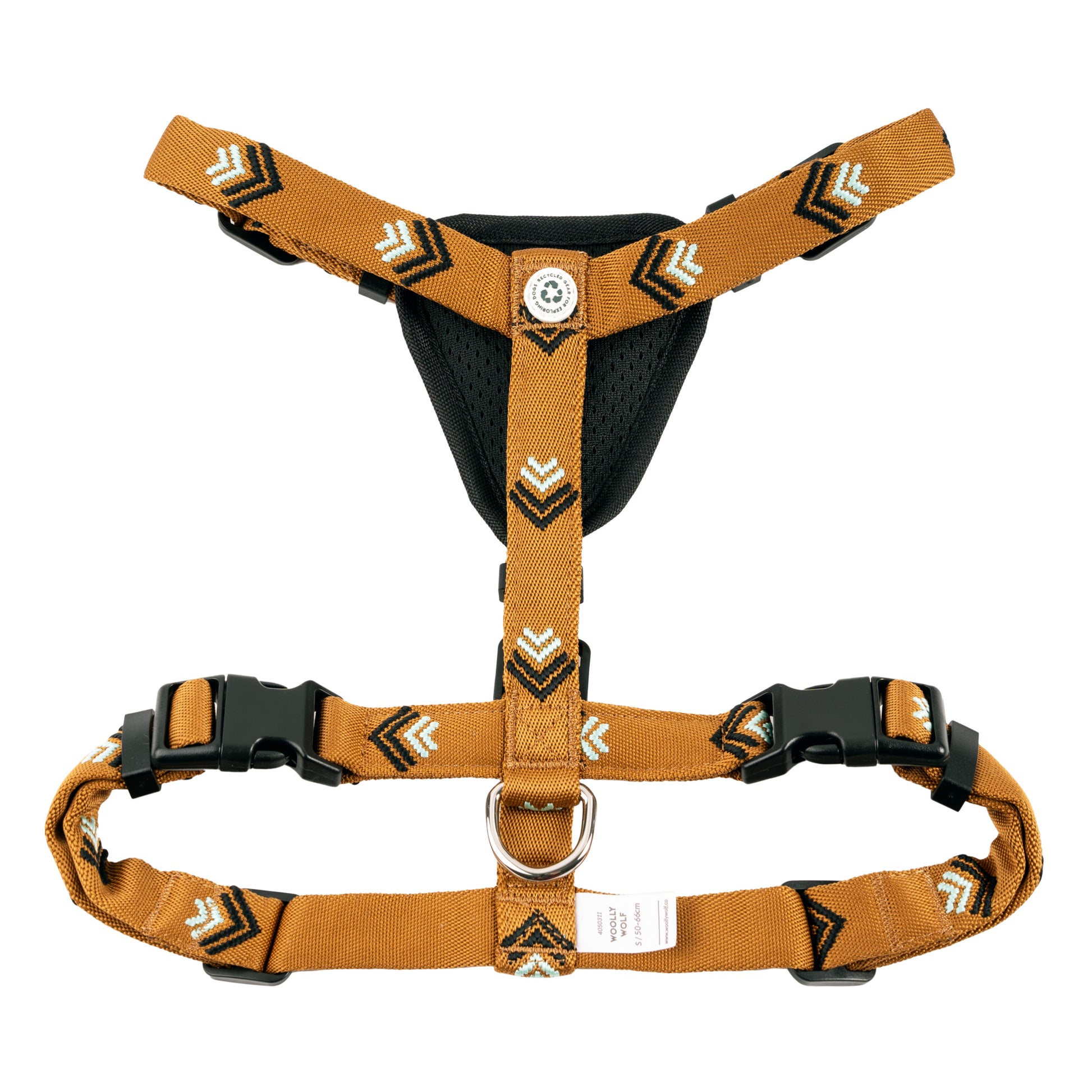 Brown and black dog harness with chevron patterns, adjustable straps, and plastic buckles.