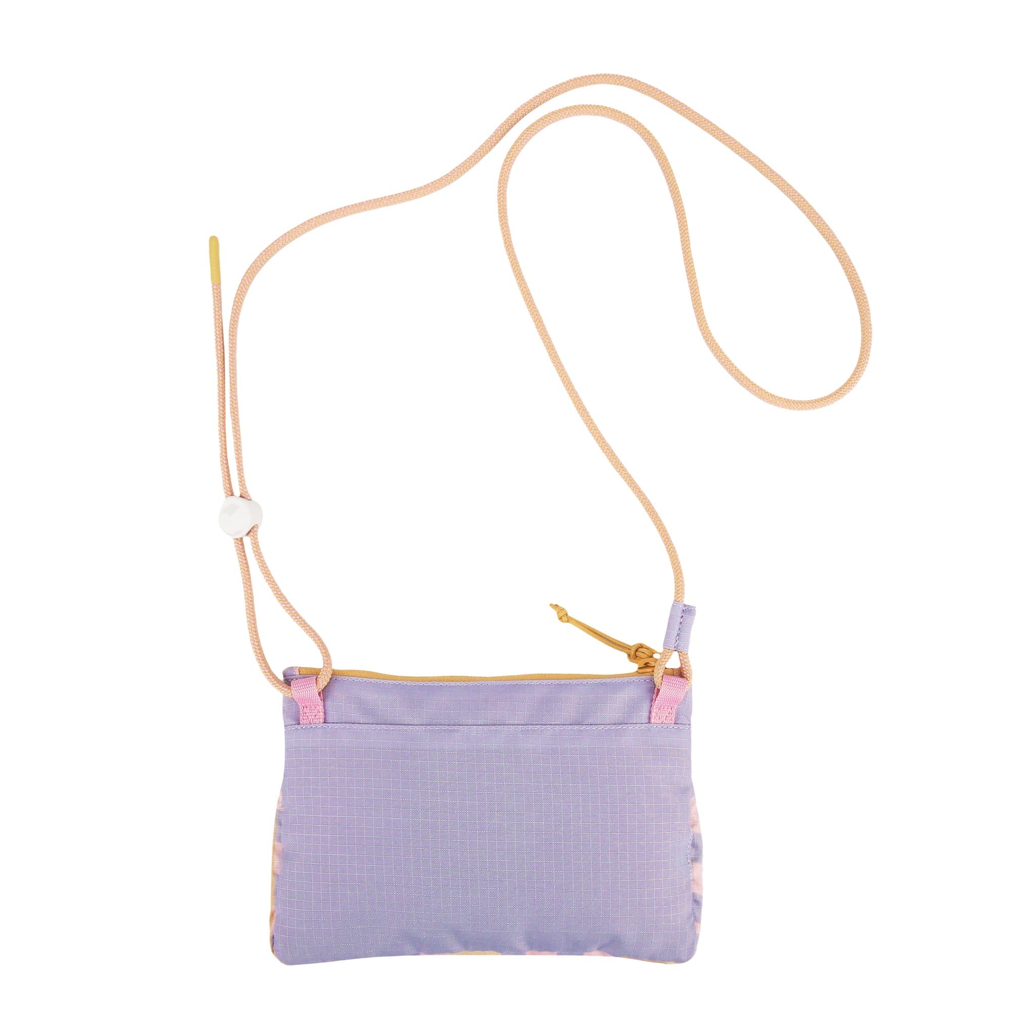 Small lavender crossbody pouch with a beige adjustable strap and yellow zipper, on a white background.