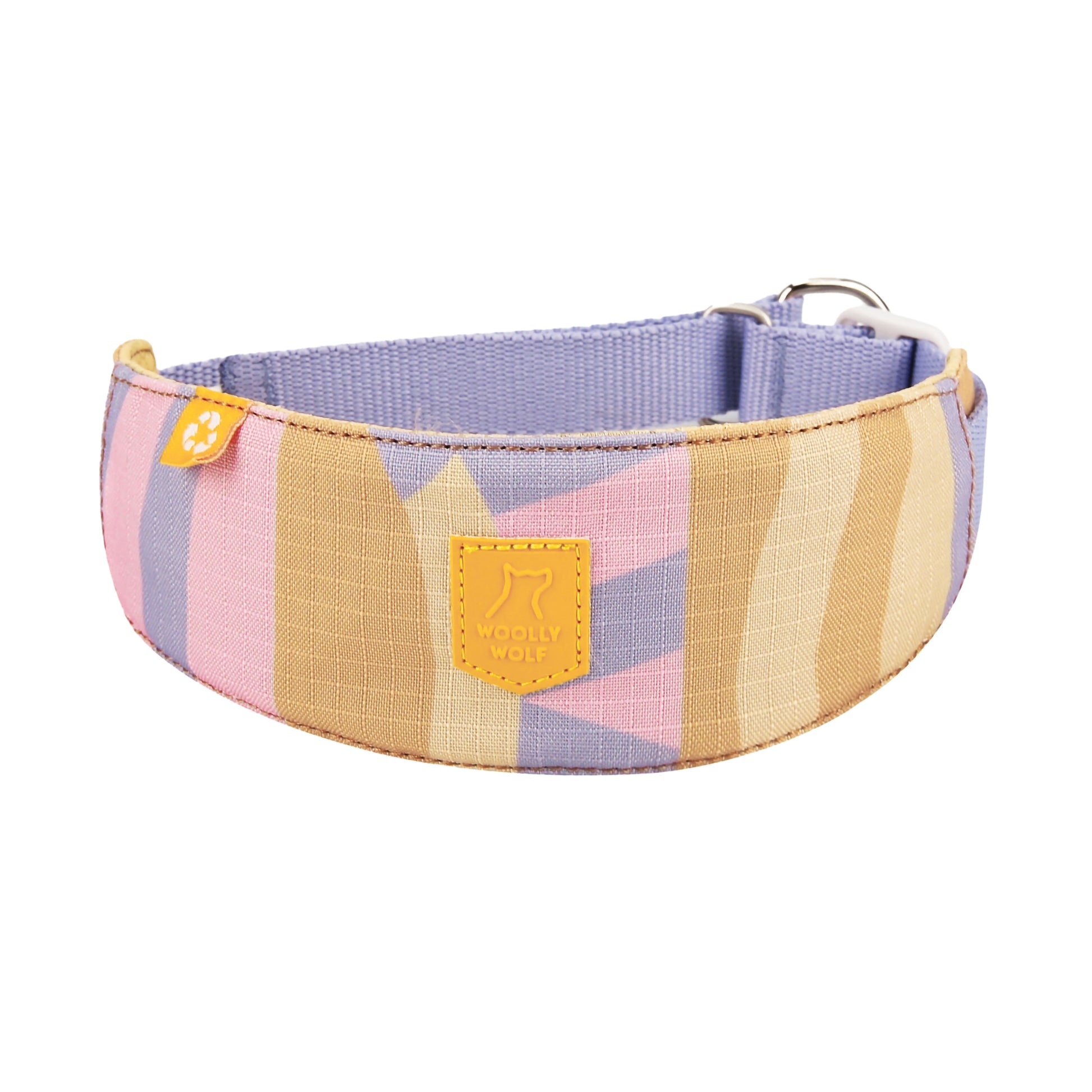 Wide, pastel-colored dog collar with geometric patterns, a yellow label, and a metal buckle.
