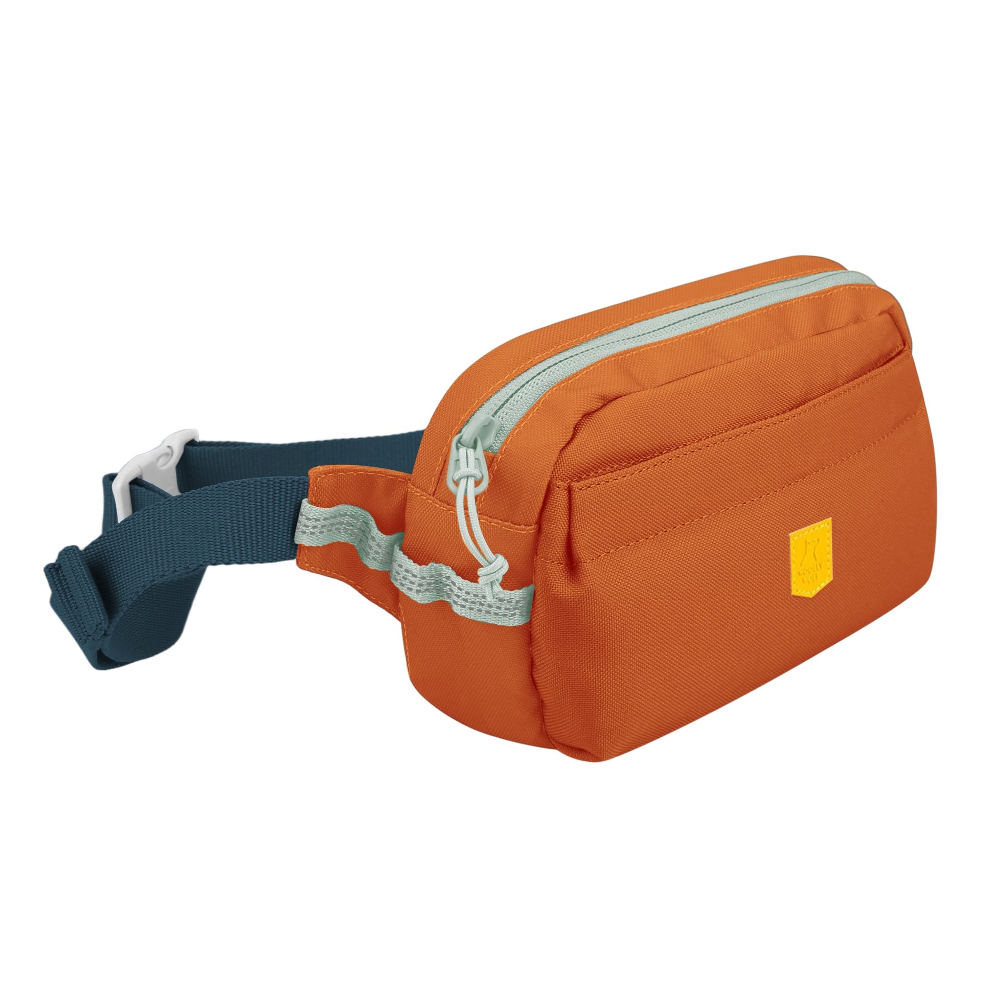 Orange fanny pack with light blue zipper and dark blue adjustable strap, on a white background.