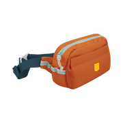 Orange waist bag with a blue adjustable strap and zipper, displayed on a white background.