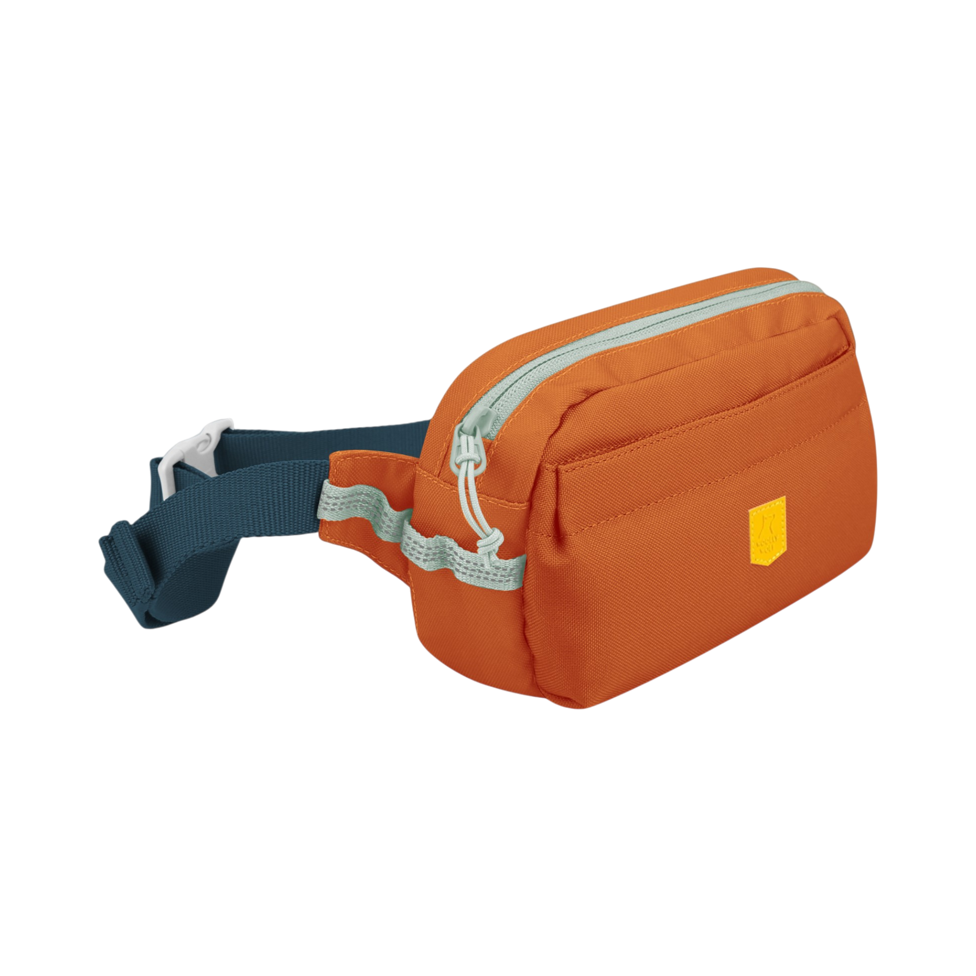Orange waist bag with a blue adjustable strap and zipper, displayed on a white background.
