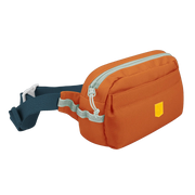 Orange waist pack with a blue strap and light green zipper pulls.