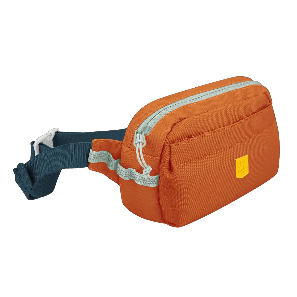 Orange waist pack with a blue strap and light green zipper pulls.