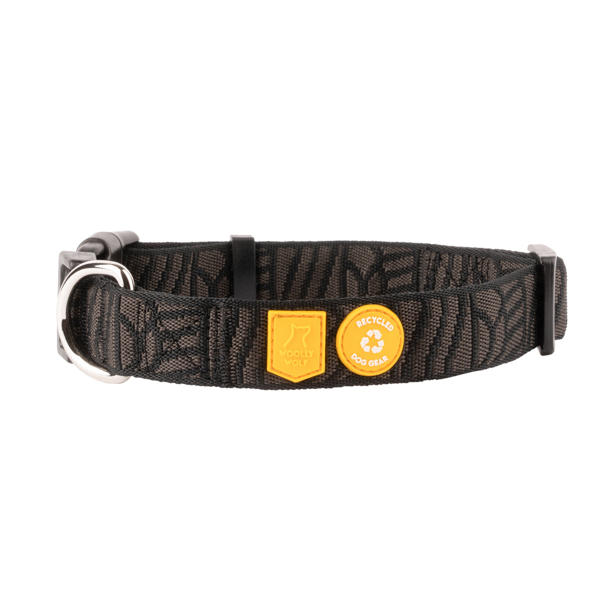 A black patterned dog collar with yellow Woolly Wolf and recycled gear tags.