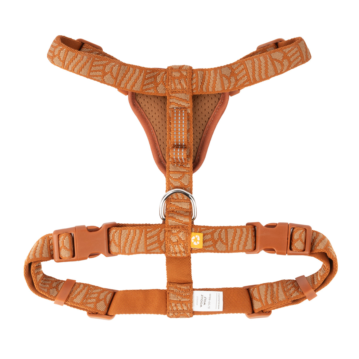 Orange patterned dog harness with plastic buckles and a metal D-ring.