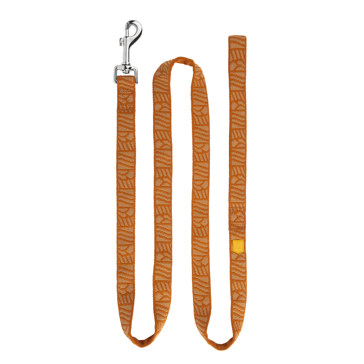 Orange patterned dog leash with a silver metal clasp.