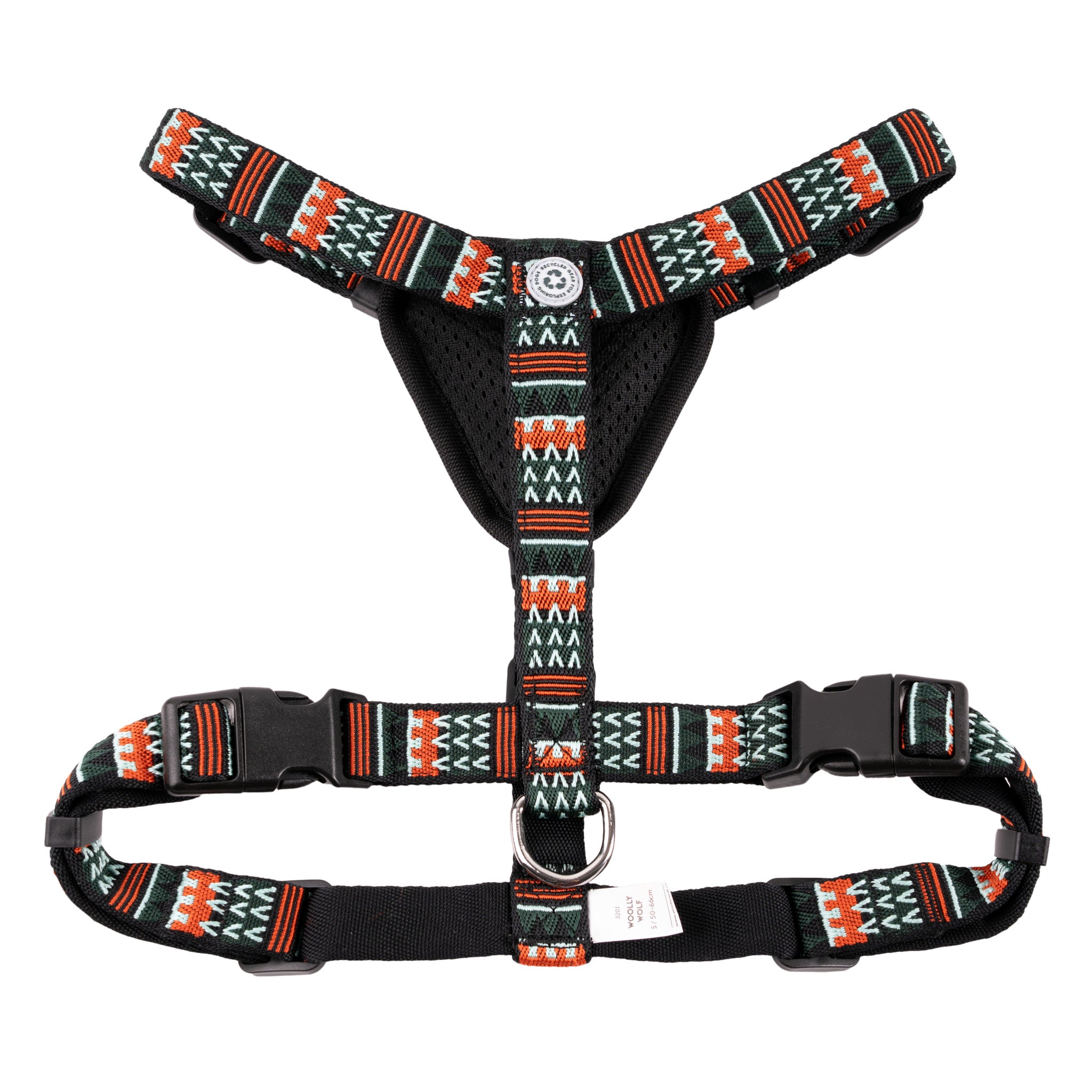 Dog harness with adjustable straps, black mesh padding, and a red, white, and green geometric pattern.