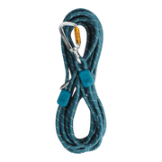 Coiled blue climbing rope with white accents, secured with two carabiners and blue rope markers.