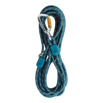 Coiled blue climbing rope with white accents, secured with two carabiners and blue rope markers.