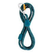 Teal climbing rope coiled in a figure-eight shape with a silver carabiner attached at the top.