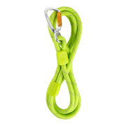 A coiled neon green climbing rope with a silver carabiner attached, isolated on a white background.