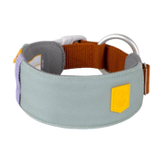 Wide, light green and brown dog collar with a silver ring and yellow patch on a white background.