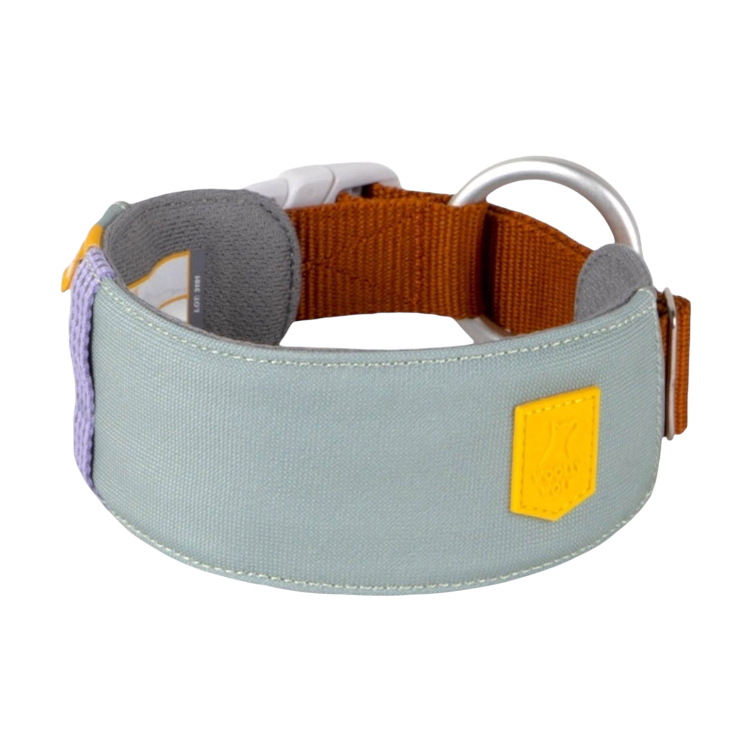 Wide, light green and brown dog collar with a silver ring and yellow patch on a white background.