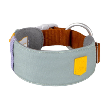 Wide, light green and brown dog collar with a silver ring and yellow patch on a white background.