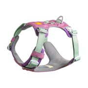 Pink, purple, and mint green padded dog harness with adjustable straps and metal leash attachment.