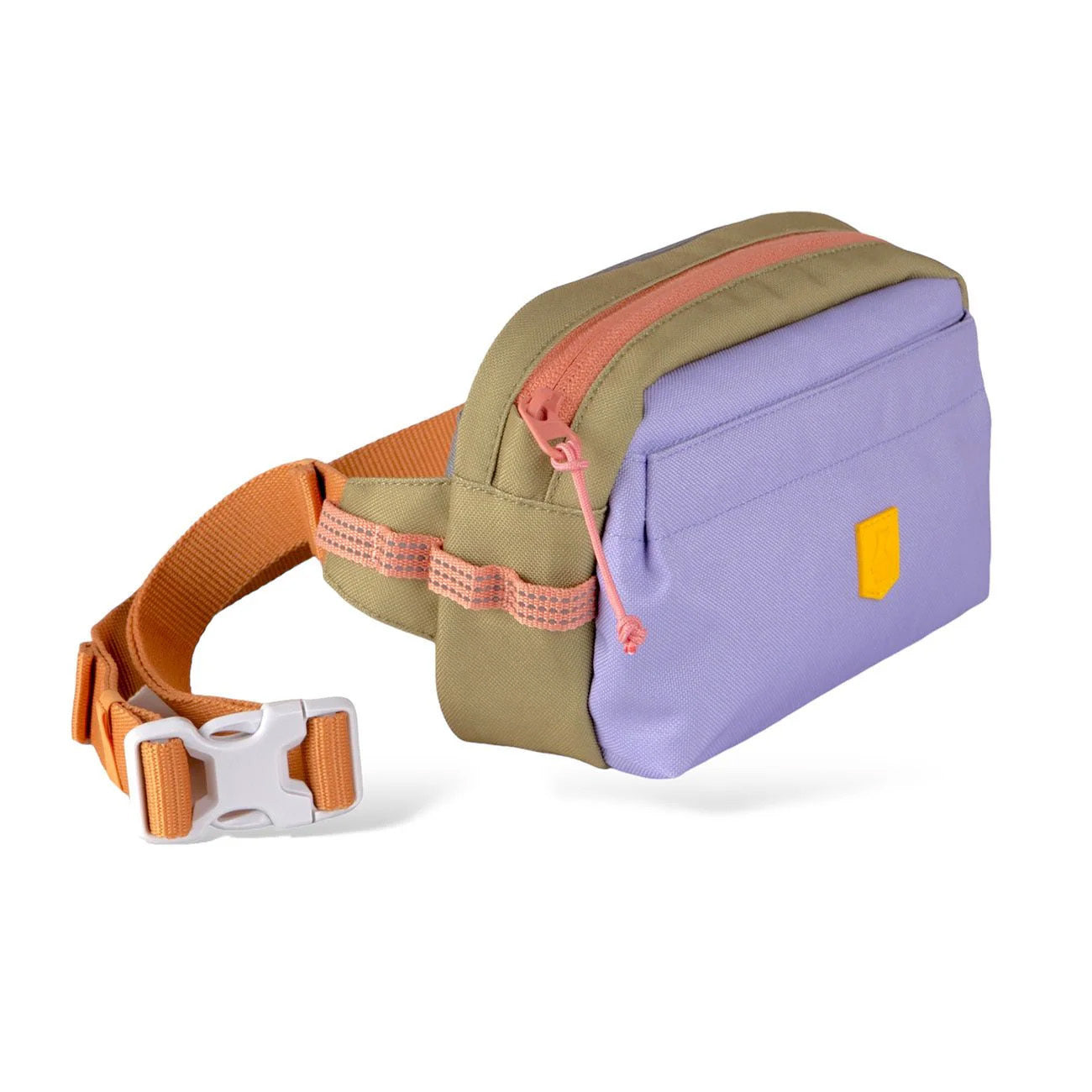 A color-blocked waist bag with lilac, olive green, and orange details and a white buckle.