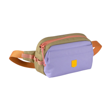 A colorblock fanny pack with a purple front, tan sides, orange strap, and a pink zipper.