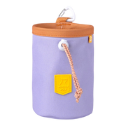 Purple fabric pouch with a brown top, yellow patch, drawstring closure, and a white clip.