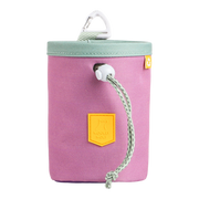 A purple fabric pouch with a green drawstring, mint lid, and a white carabiner clip attached on top.