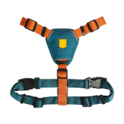Teal and orange adjustable dog harness with buckles and a small yellow patch on the chest area, on white background.