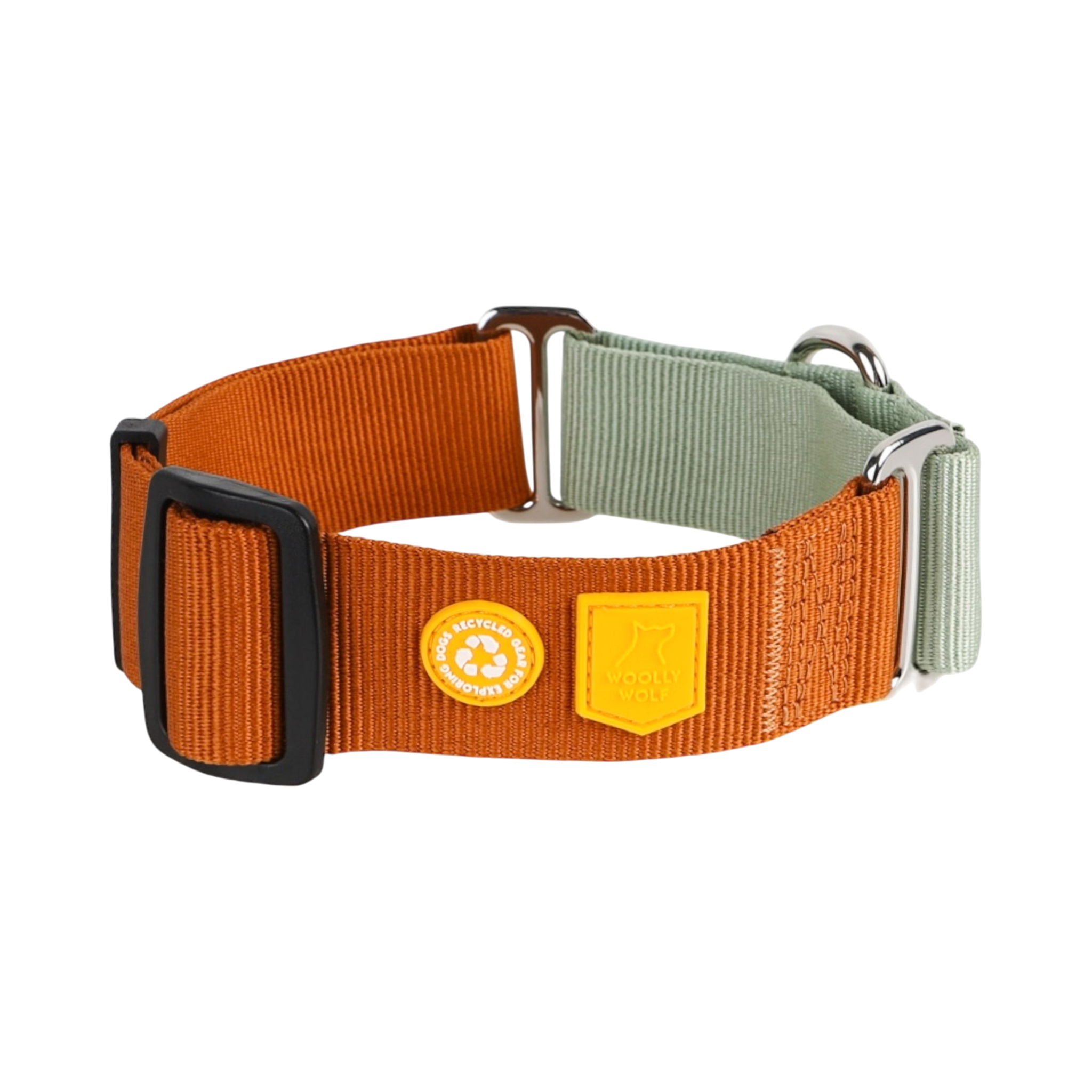 Orange and green adjustable dog collar with black buckle and two yellow patches.