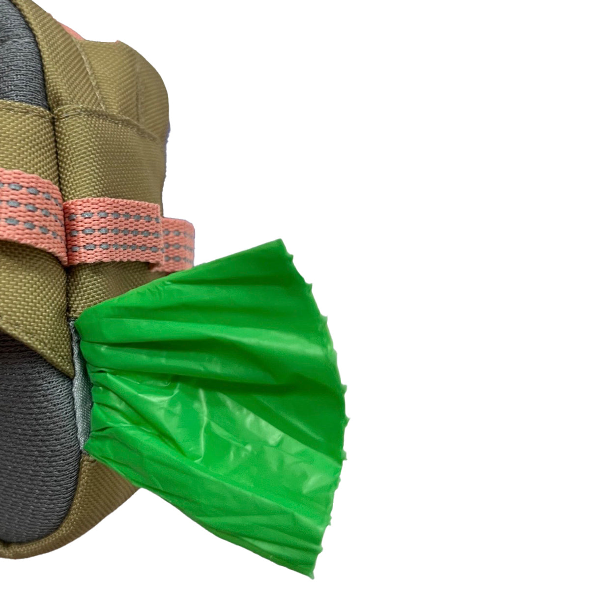 A green dog waste bag dispenser attached to a dog harness.