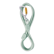 Light green dog leash with a silver and gold clasp, looped neatly with two rectangular tags attached.