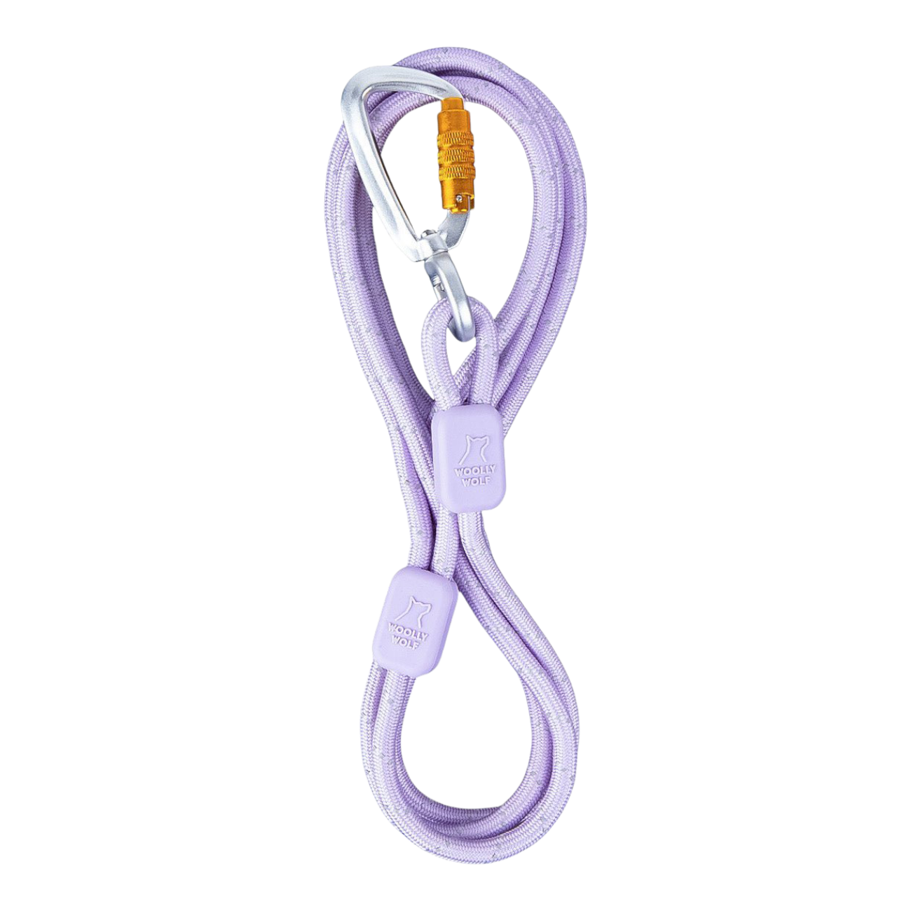 A purple yoga strap with a metal carabiner and two purple clips on a white background.