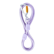 A purple yoga strap with a metal carabiner and two purple clips on a white background.