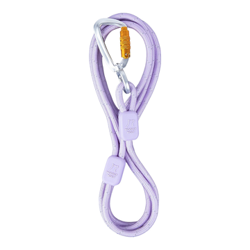 A purple yoga strap with a metal carabiner and two purple clips on a white background.