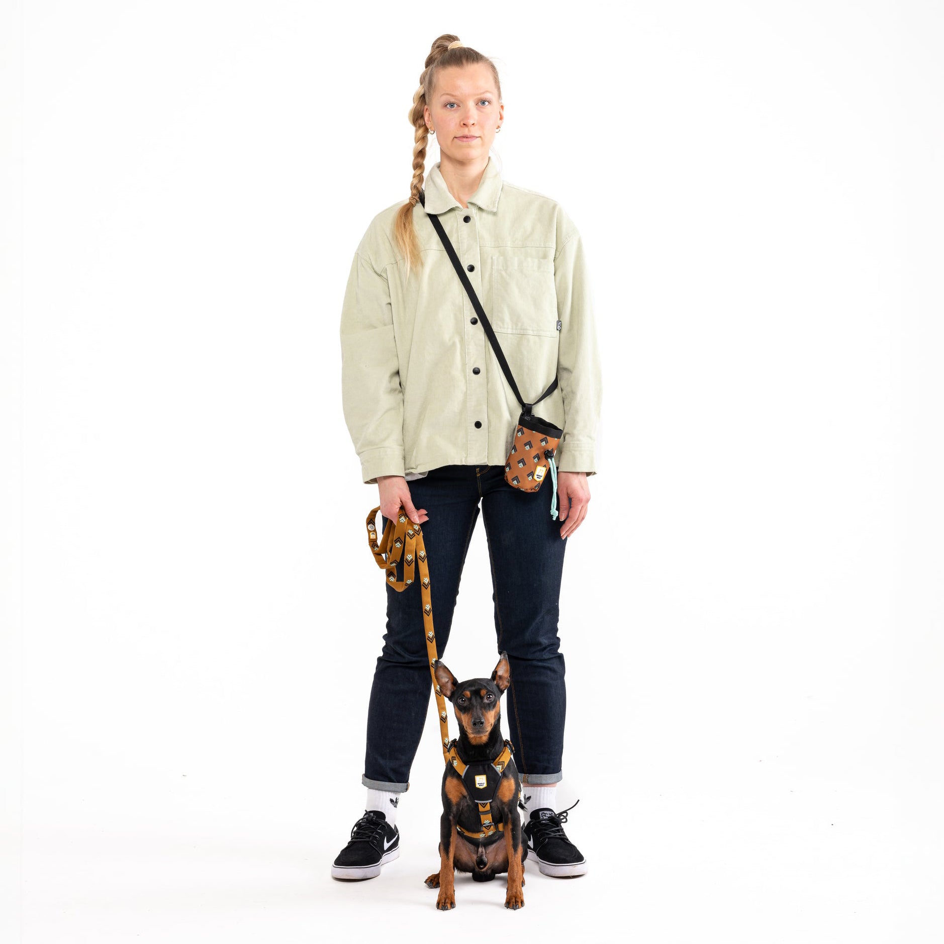 Woman with braided hair holding a dog leash and a small dog on a white background.