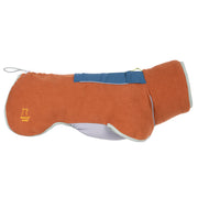 Orange and blue fleece dog jacket with a zipper and light gray trim, displayed on a white background.